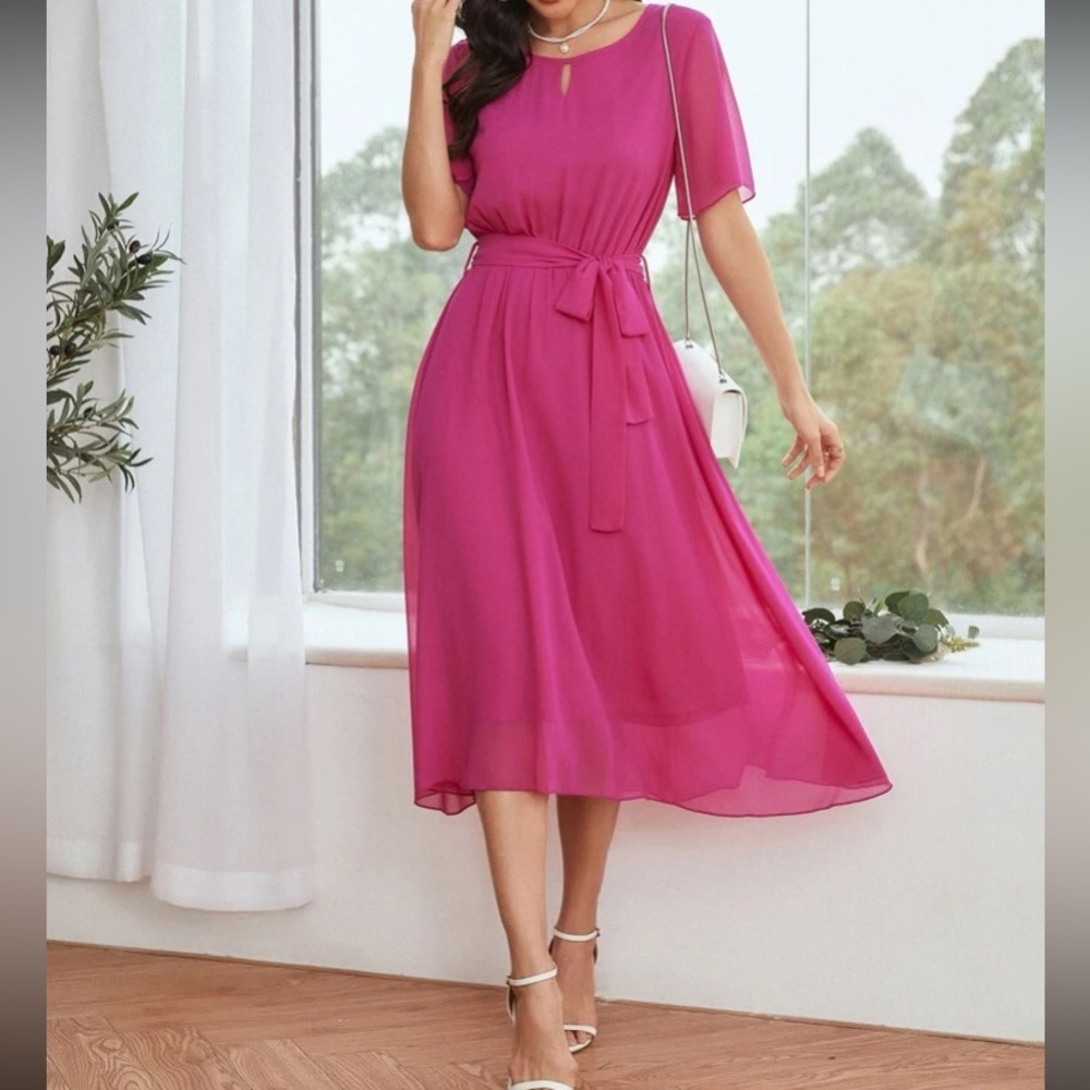 Boho hot pink belted chiffon dress - Picture 6 of 6